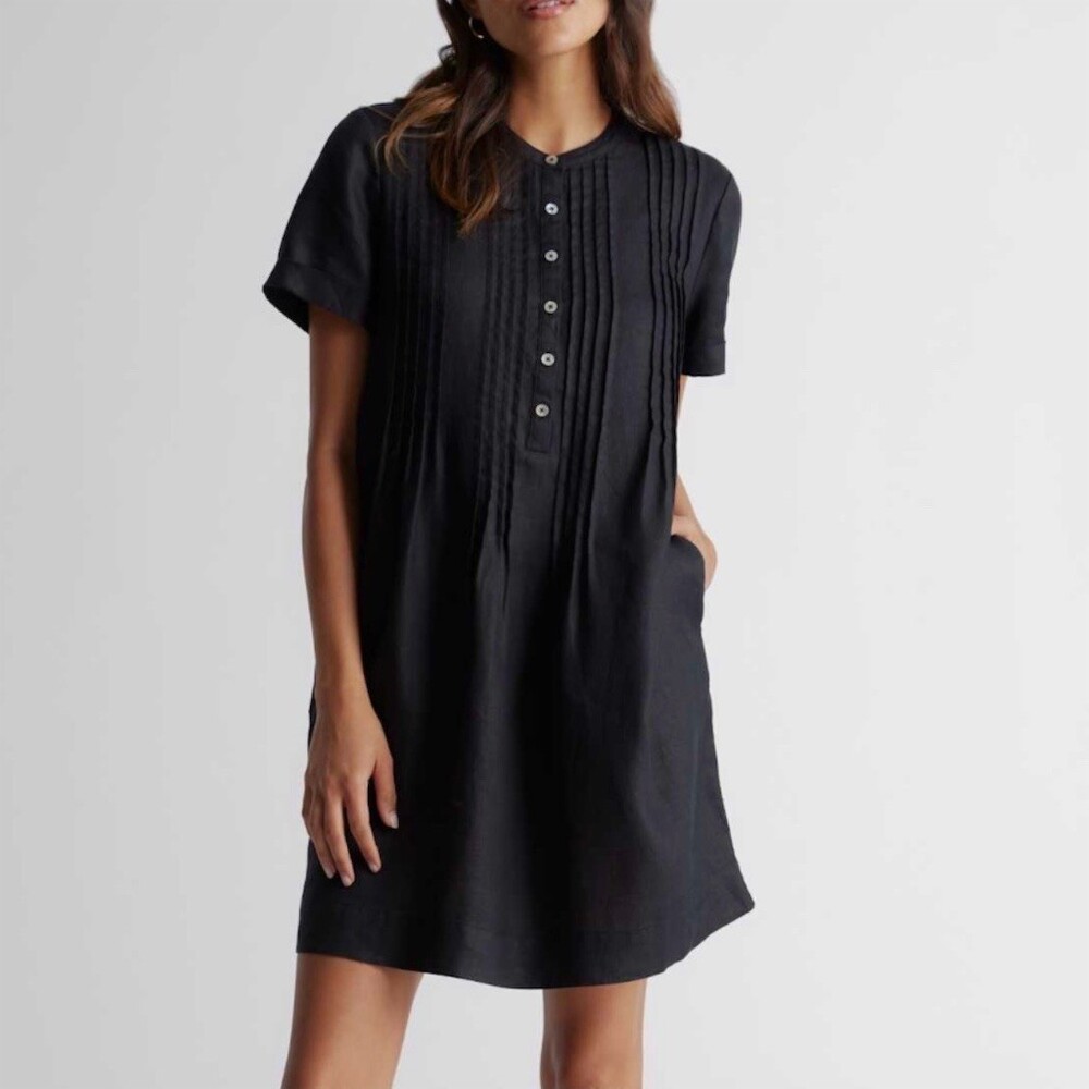 Quince Dress Womens Size M Black Linen Swing Shift Knee Length Henley Pockets